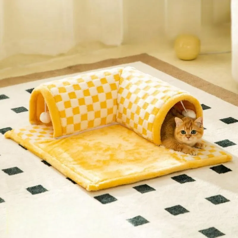 Cama de túnel xadrez xadrez de pelúcia engraçada 2 em 1 para gatos — foto 2