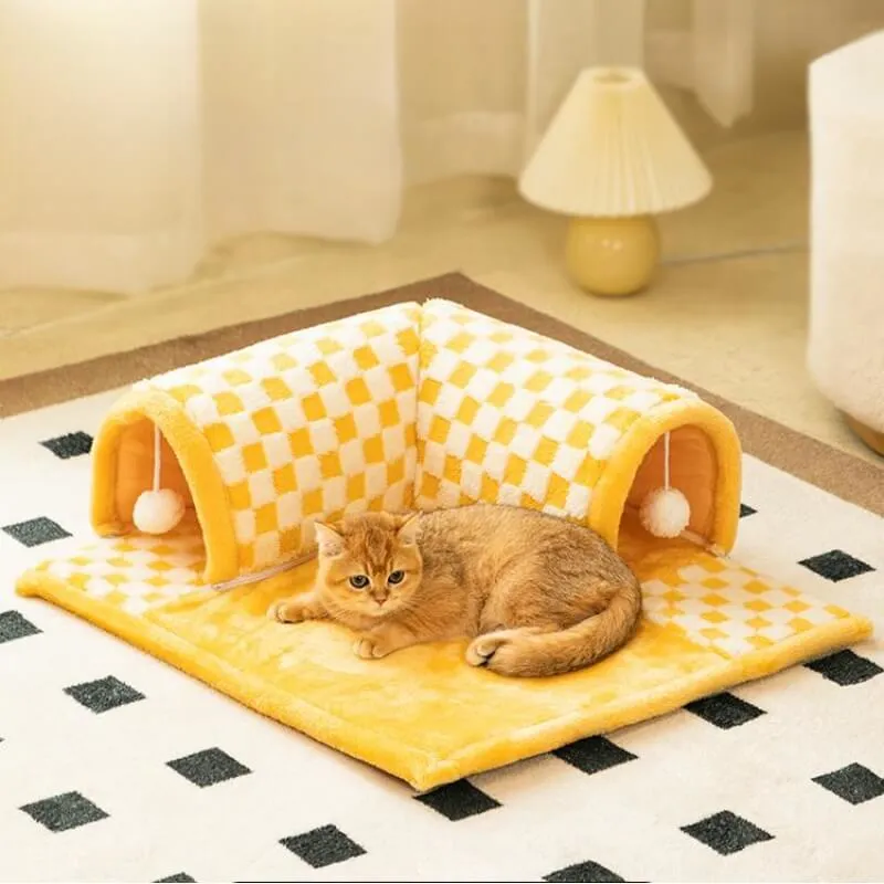 Cama de túnel xadrez xadrez de pelúcia engraçada 2 em 1 para gatos — foto 3