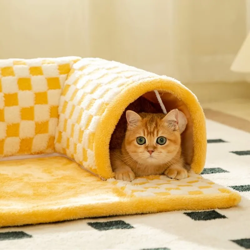Cama de túnel xadrez xadrez de pelúcia engraçada 2 em 1 para gatos — foto 4