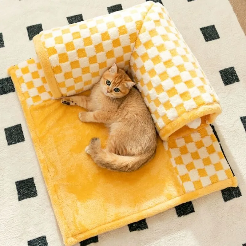 Cama de túnel xadrez xadrez de pelúcia engraçada 2 em 1 para gatos — foto 5