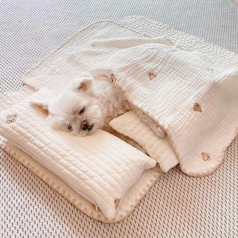 Conjunto de Cama Aconchegante com Travesseiro de Algodão Bordado para Animais de Estimação — foto 4