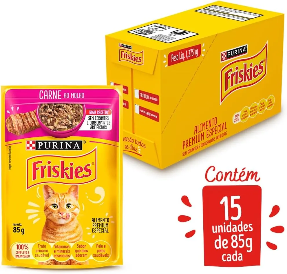 Pack Nestlé Purina Friskies Ração Úmida Para Gatos Adultos Carne Ao Molho - Com 15 Sachês 85g — foto 6