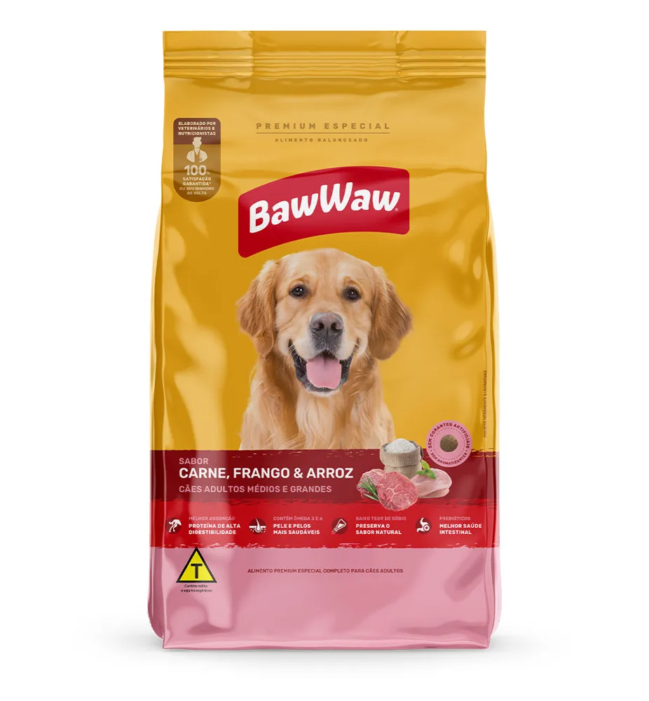 Ração Baw Waw para cães adultos médios e grandes sabor Carne, Frango e Arroz