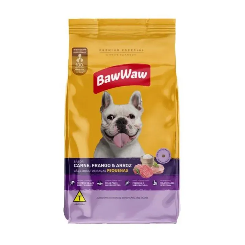 Ração Baw Waw para cães adultos raças pequenas sabor Carne, Frango e Arroz