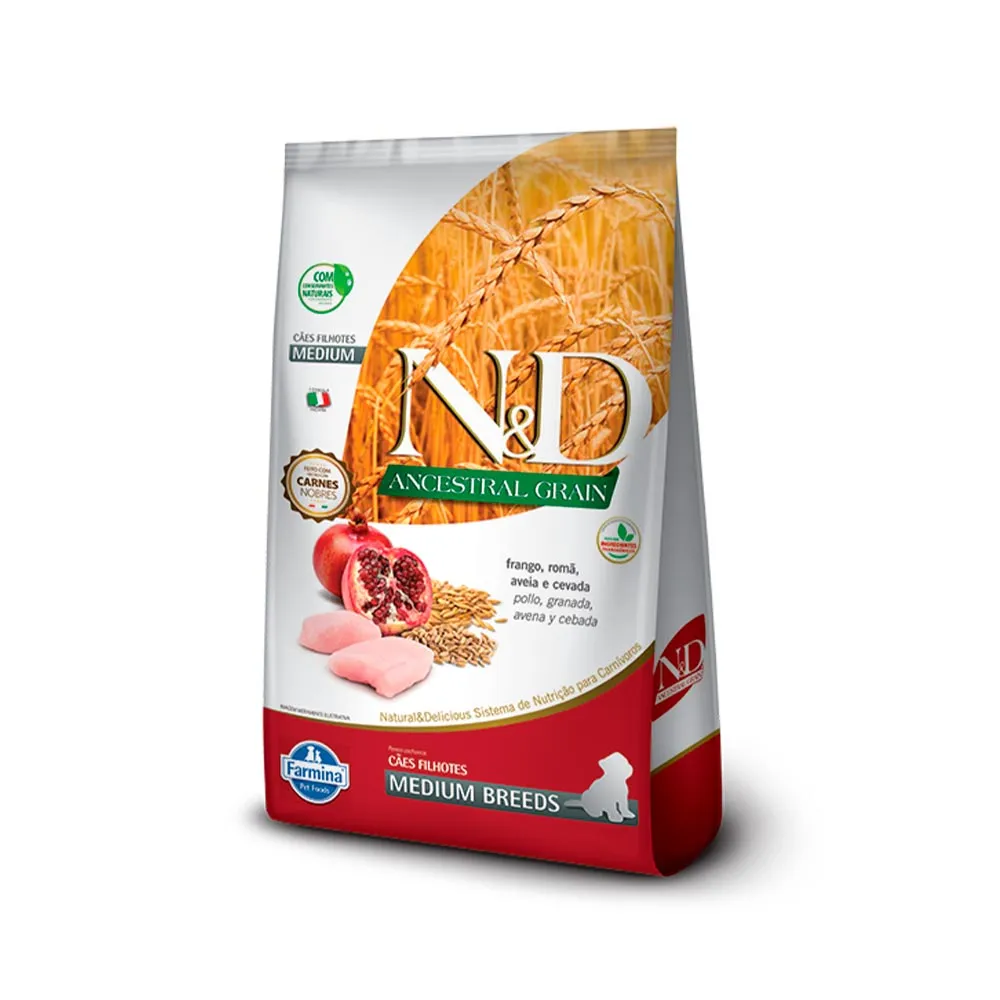 Ração Farmina N&D Ancestral Grain para Cães Filhotes de Raças Médias Sabor Frango e Romã