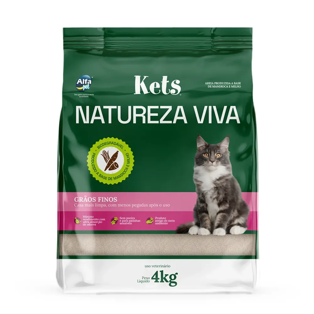 Areia Higiênica Biodegradável Kets Natureza Viva para Gatos Milho e Mandioca Grãos Finos
