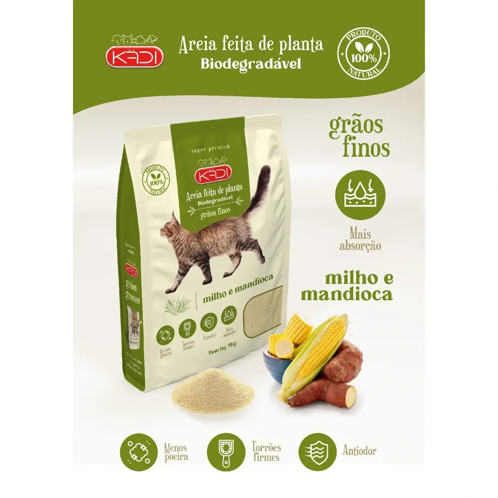 Areia Higiênica Kadi Biodegradável para Gatos Milho e Mandioca Grãos Finos — foto 4