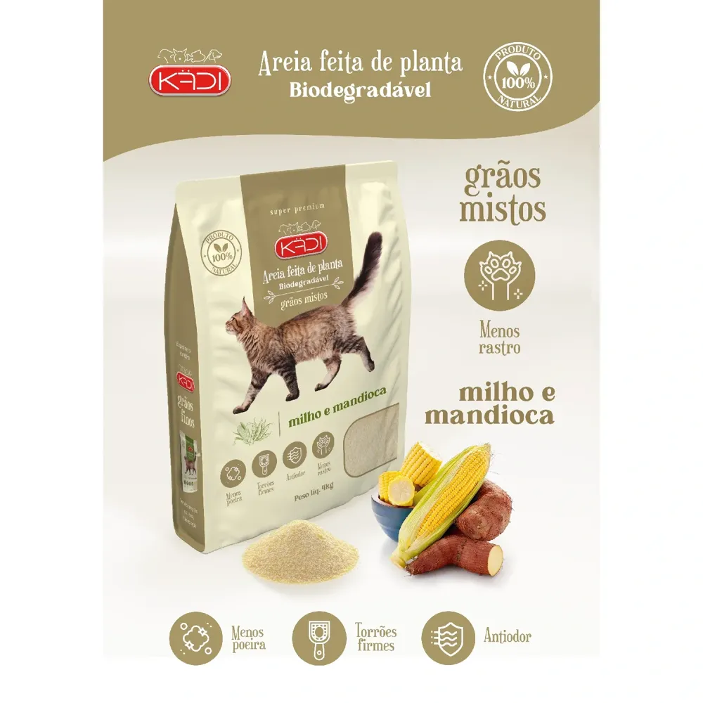 Areia Higiênica Kadi Biodegradável para Gatos Milho e Mandioca Grãos Mistos — foto 3