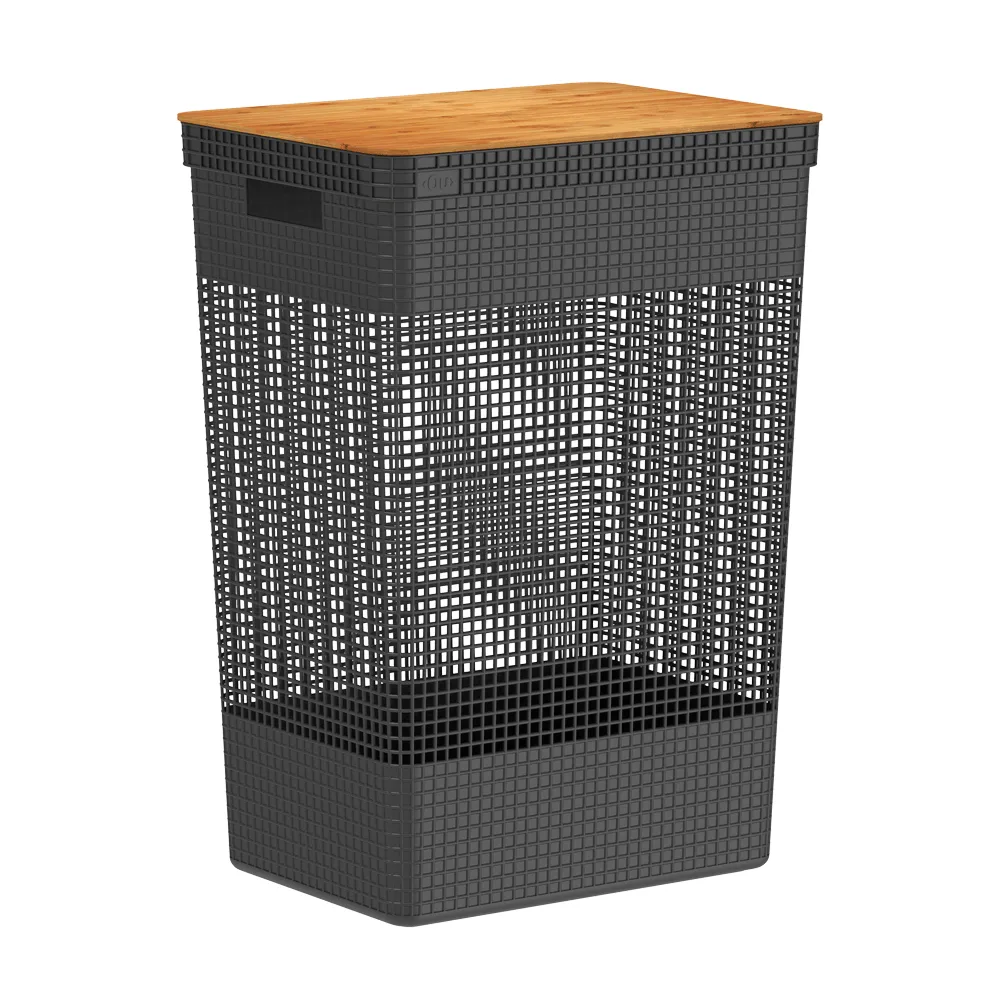 Cesto de Roupa Grid com Tampa de Bambu Preto Ou