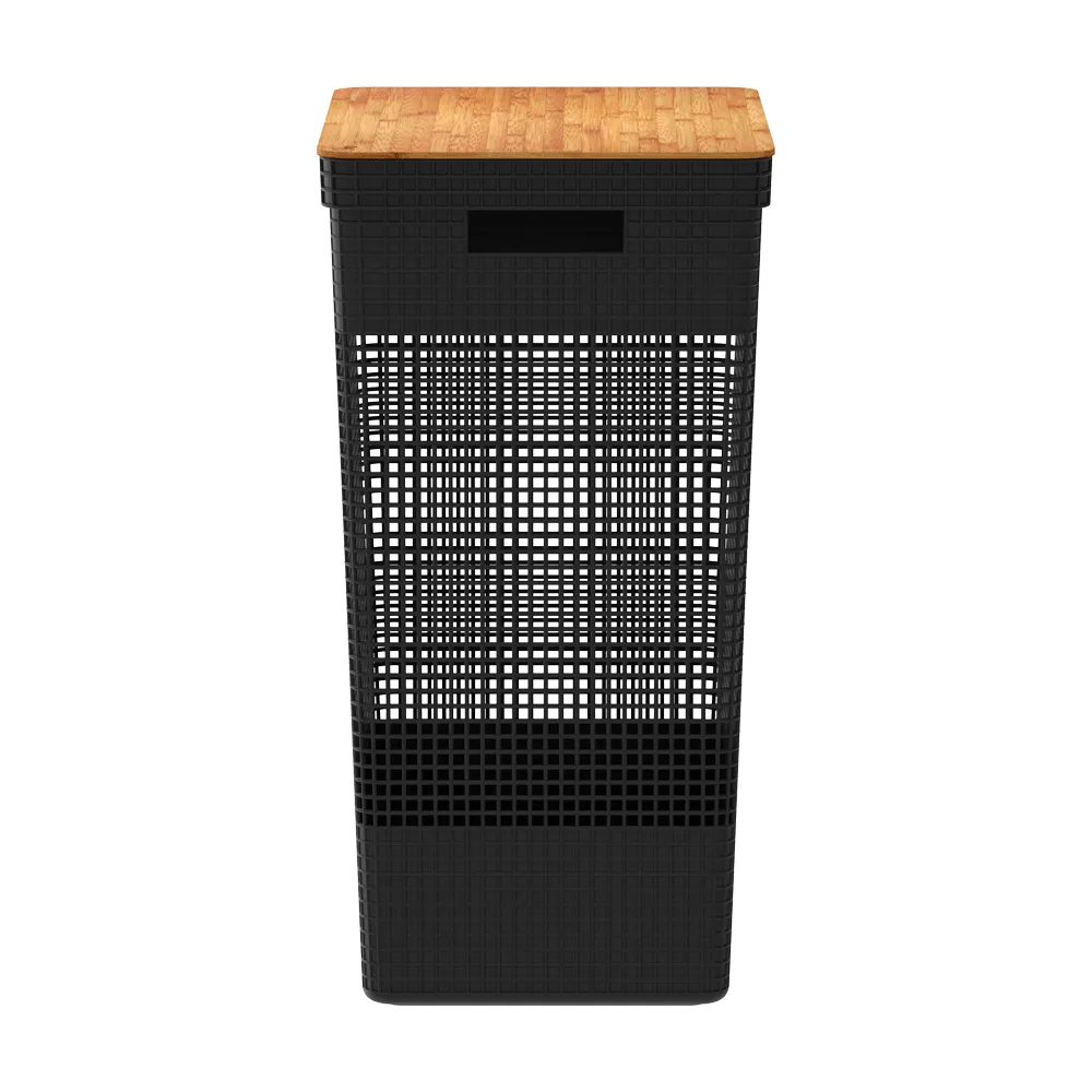 Cesto de Roupa Grid com Tampa de Bambu Preto Ou — foto 2