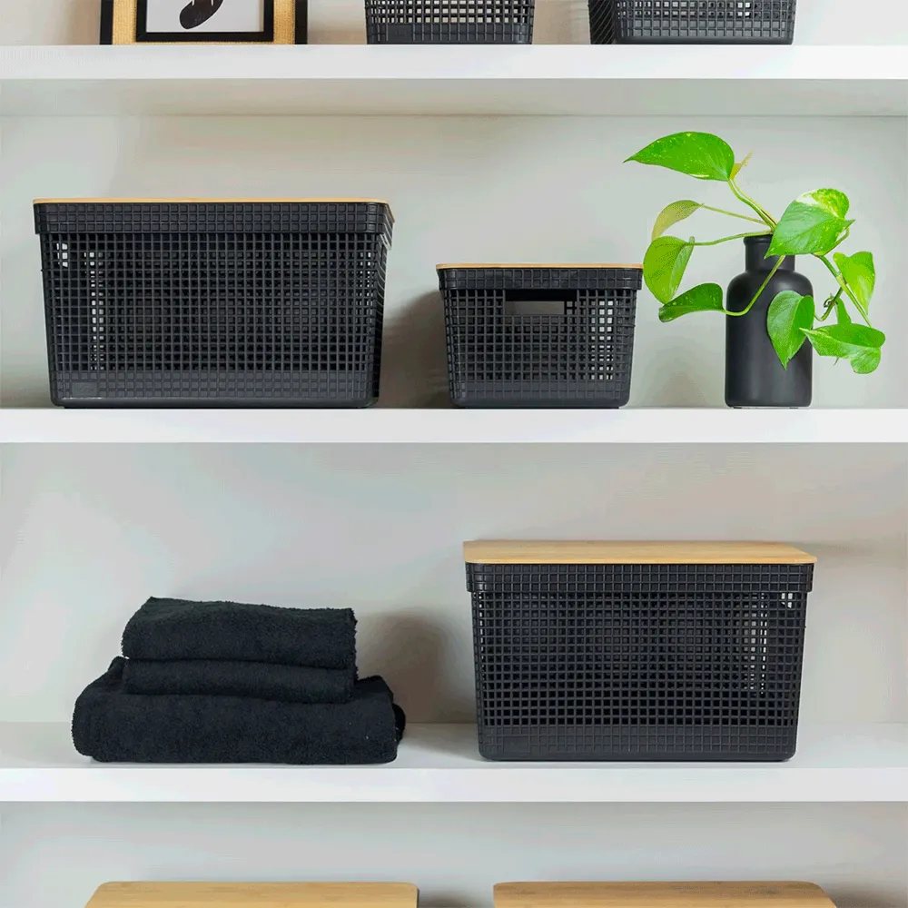 Cesto Organizador Grid com Tampa de Bambu Preto Ou — foto 3