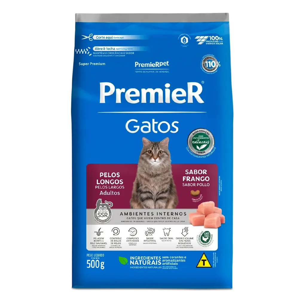 Ração Premier Ambientes Internos Gatos Adultos Pelos Longos Frango