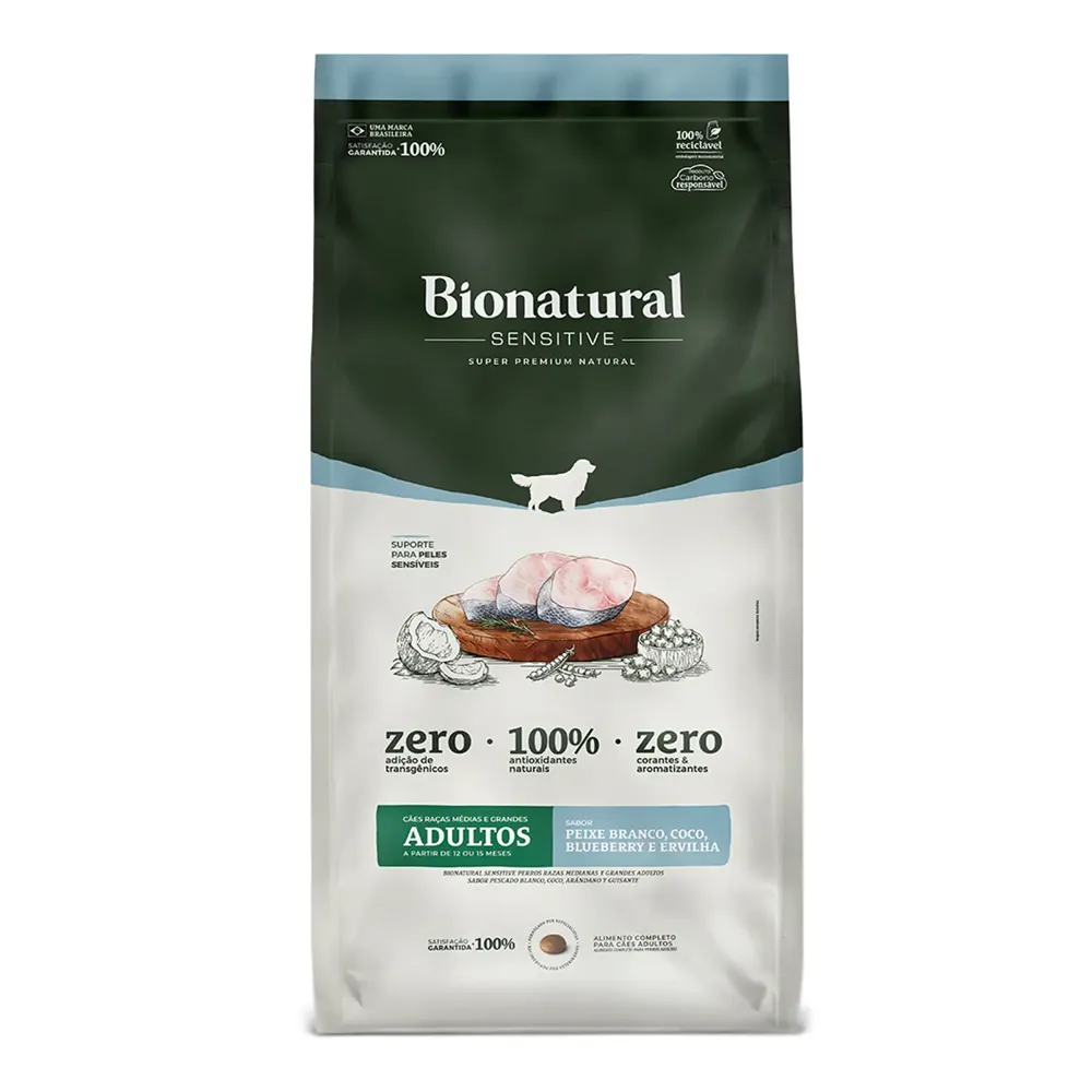 Ração Bionatural Sensitive Cães Adultos Raças Médios e Grandes Peixe