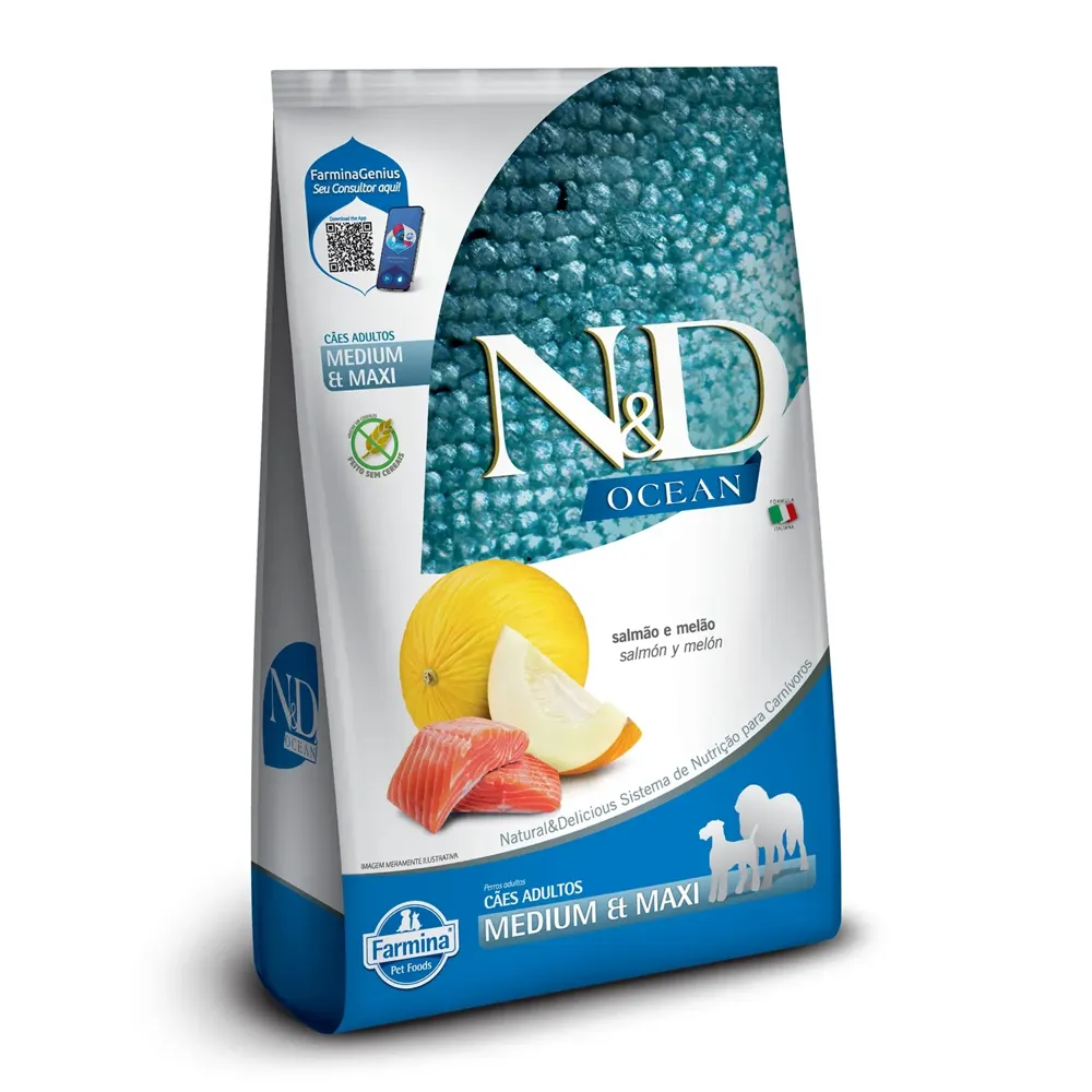 Ração N&D Ocean Cães Adultos Raças Médias e Grandes Salmão e Melão