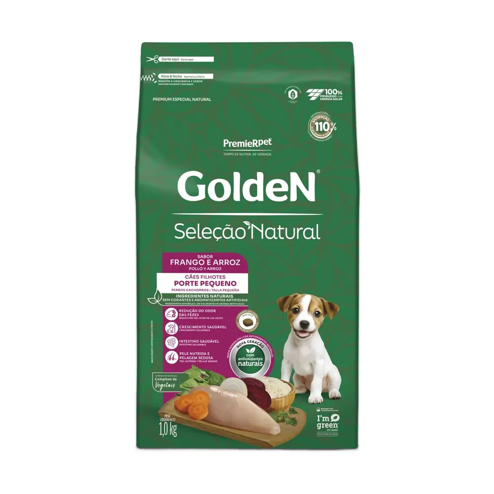 Ração Golden Seleção Natural Cães Filhotes Porte Pequeno Frango e Arroz Mini Bits