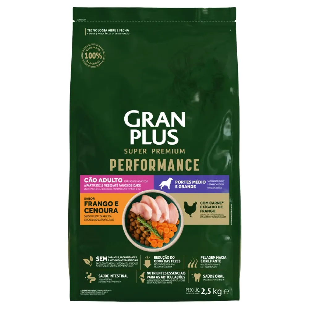 Ração GranPlus Performance Cães Adultos Médio e Grande Frango e Cenoura