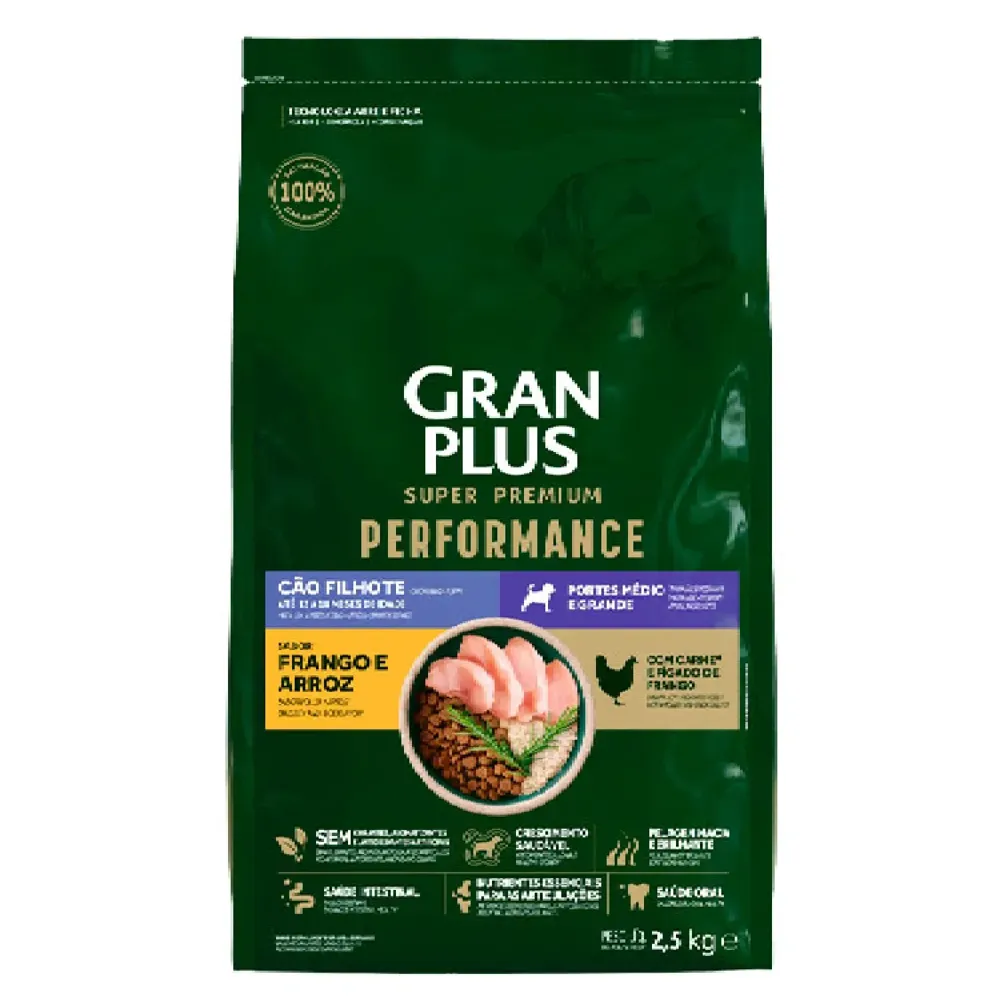 Ração GranPlus Performance Cães Filhotes Médio e Grande Frango e Arroz