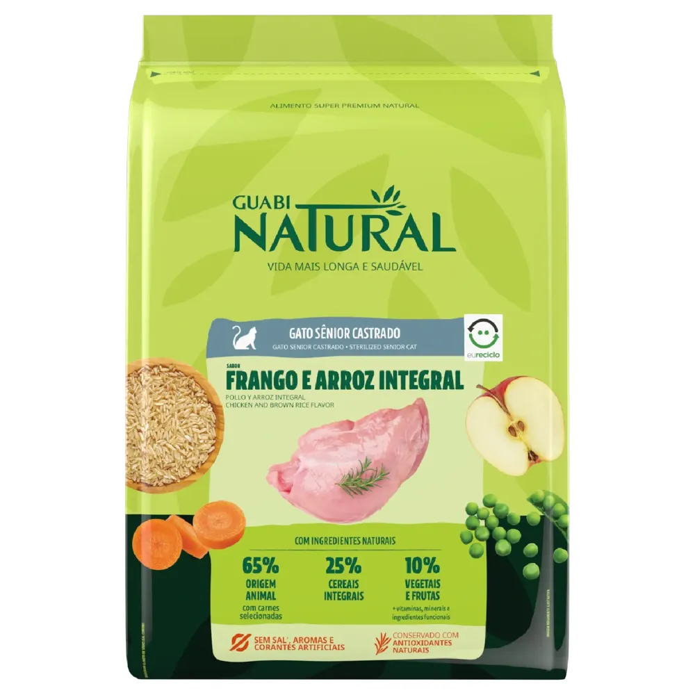 Ração Guabi Natural Gatos Sênior Castrados Frango e Arroz Integral