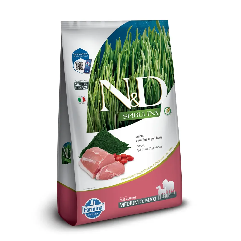 Ração N&D Spirulina Cães Adultos Medium e Maxi Suíno