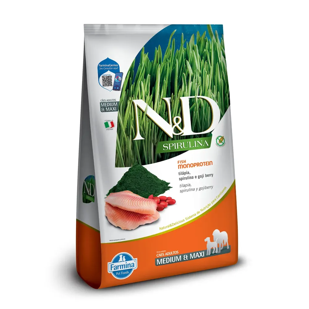 Ração N&D Spirulina Cães Adultos Medium e Maxi Tilápia