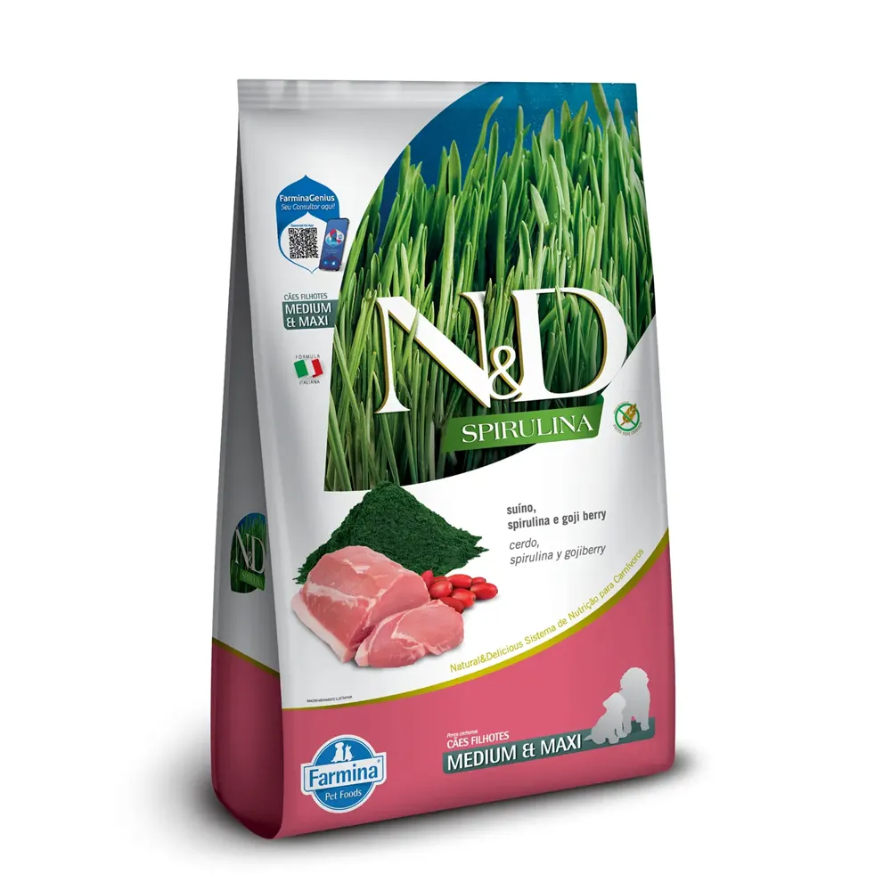 Ração N&D Spirulina Cães Puppy Medium e Maxi Suíno