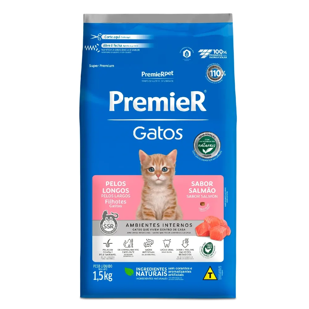 Ração Premier Ambientes Internos Gatos Filhotes Pelos Longos Salmão