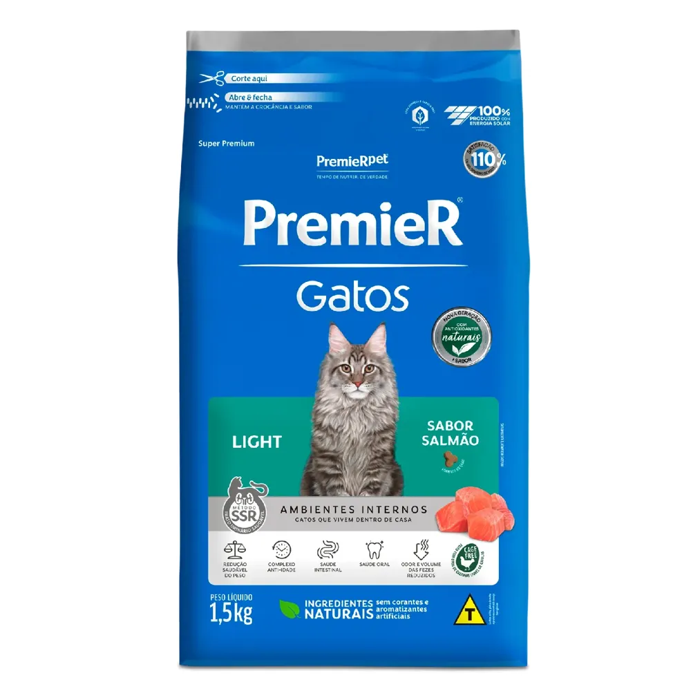 Ração Premier Ambientes Internos Light Gatos Adultos Salmão