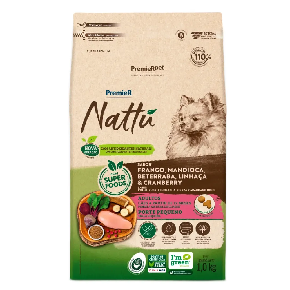 Ração Premier Nattu Cães Adultos Pequeno Porte Mandioca