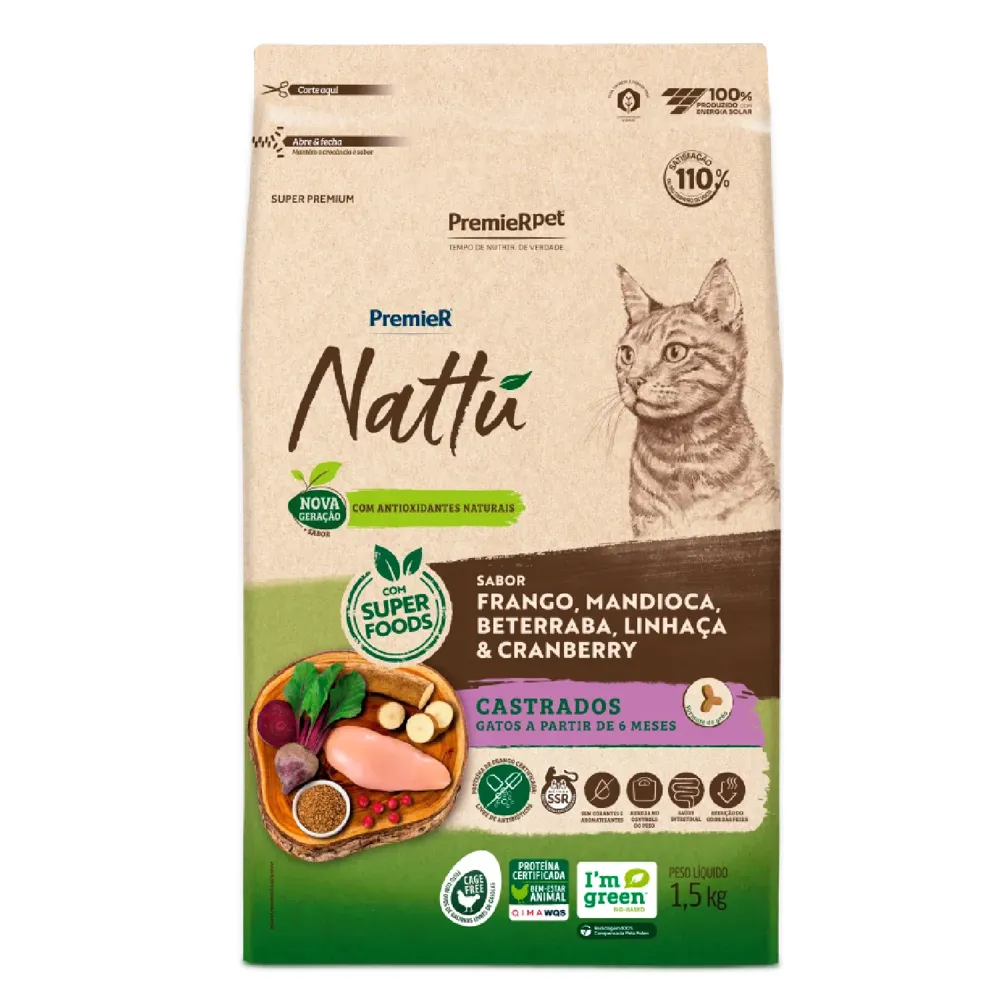 Ração Premier Nattu Gatos Adultos Castrados Mandioca