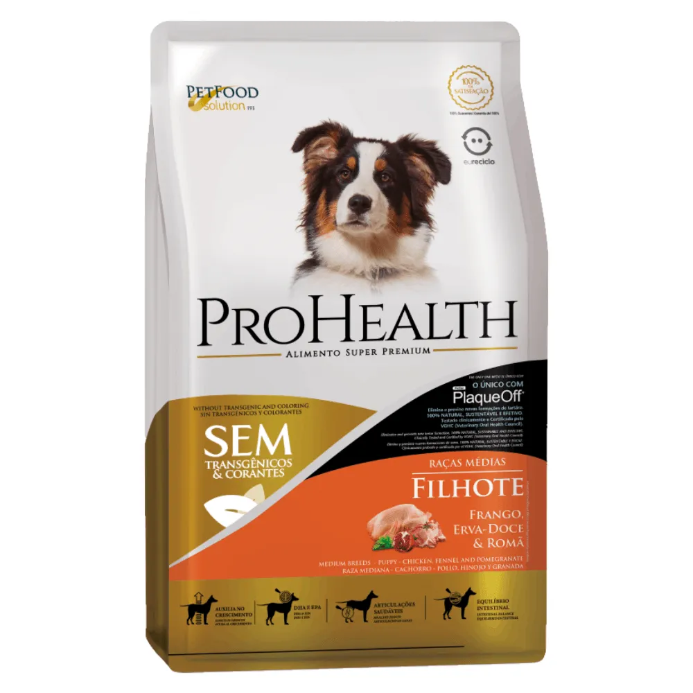 Ração ProHealth Cães Filhotes Raças Médias Frango, Erva-Doce e Romã
