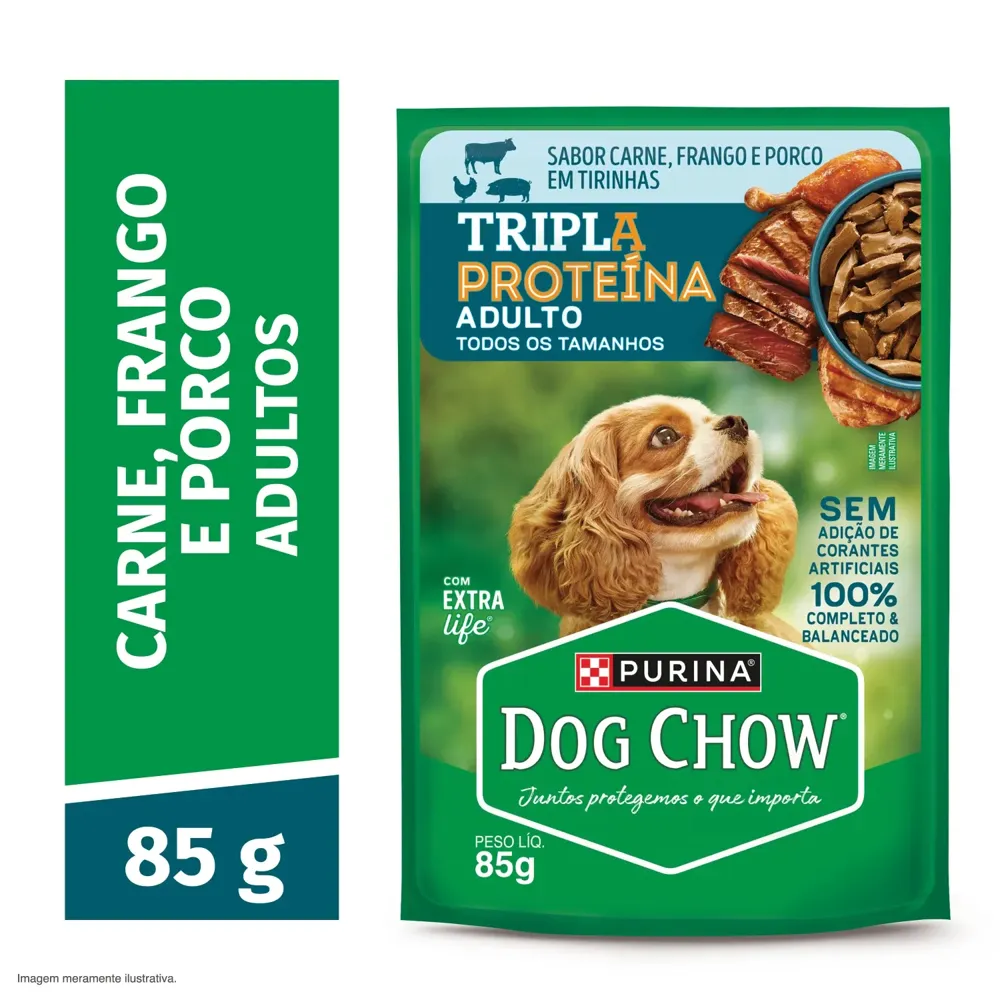 Ração Úmida Dog Chow Cães Adultos Tripla Proteína Carne Frango e Porco em Tirinhas — foto 3