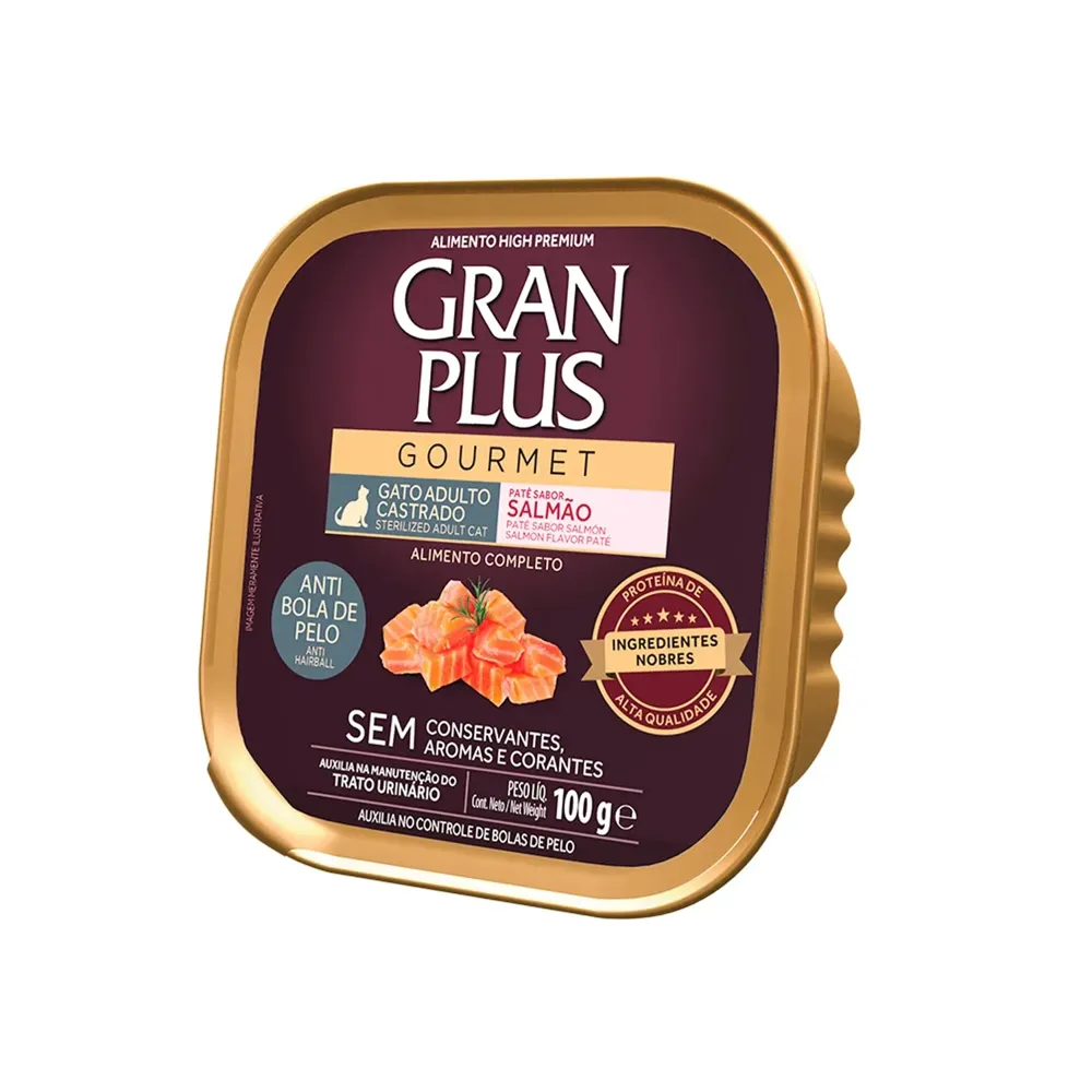 Ração Úmida GranPlus Gatos Adultos Castrados Patê Gourmet Anti Bolas de Pelo Salmão