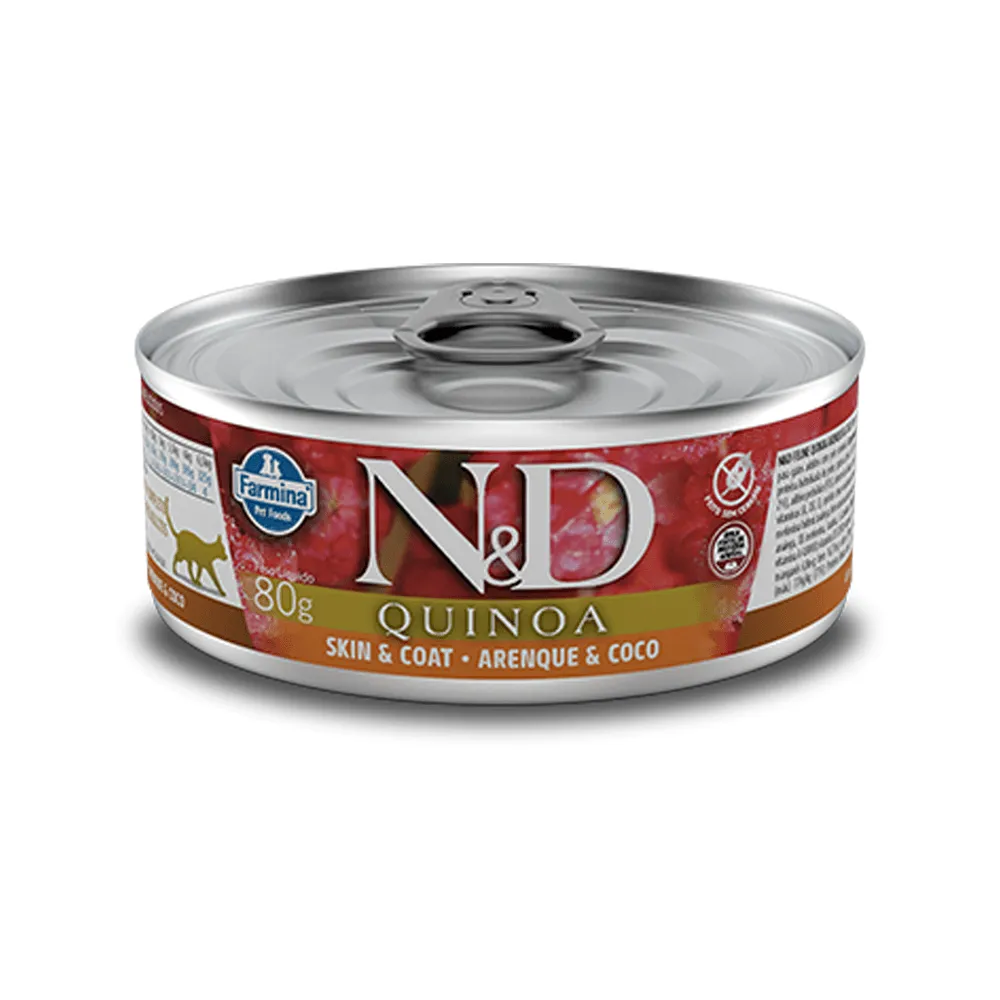 Ração Úmida Lata Farmina N&D Quinoa Pele e Pelo Arenque e Coco para Gatos Adultos 80 g