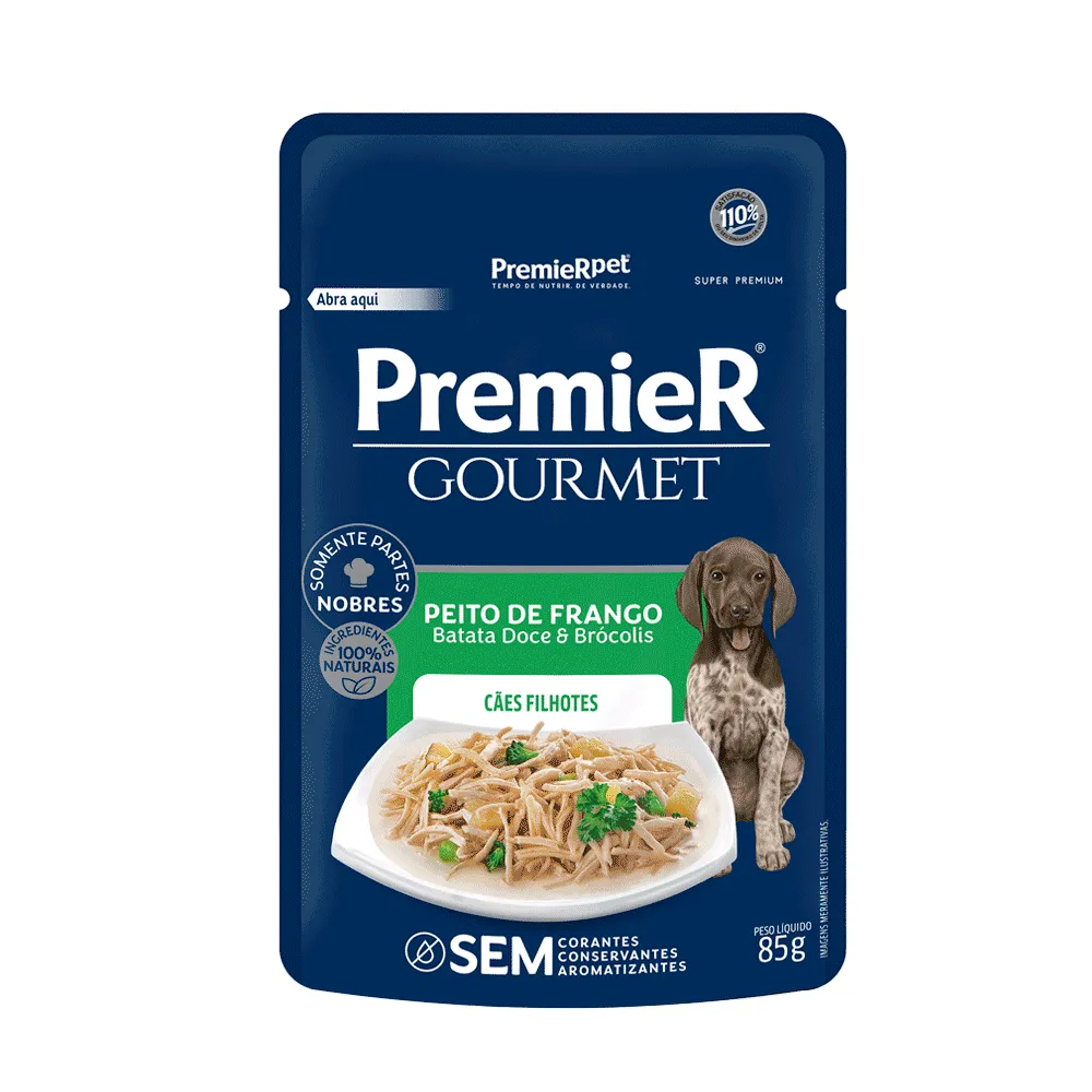 Ração Úmida Premier Gourmet Cães Filhotes Peito de Frango, Batata Doce e Brócolis