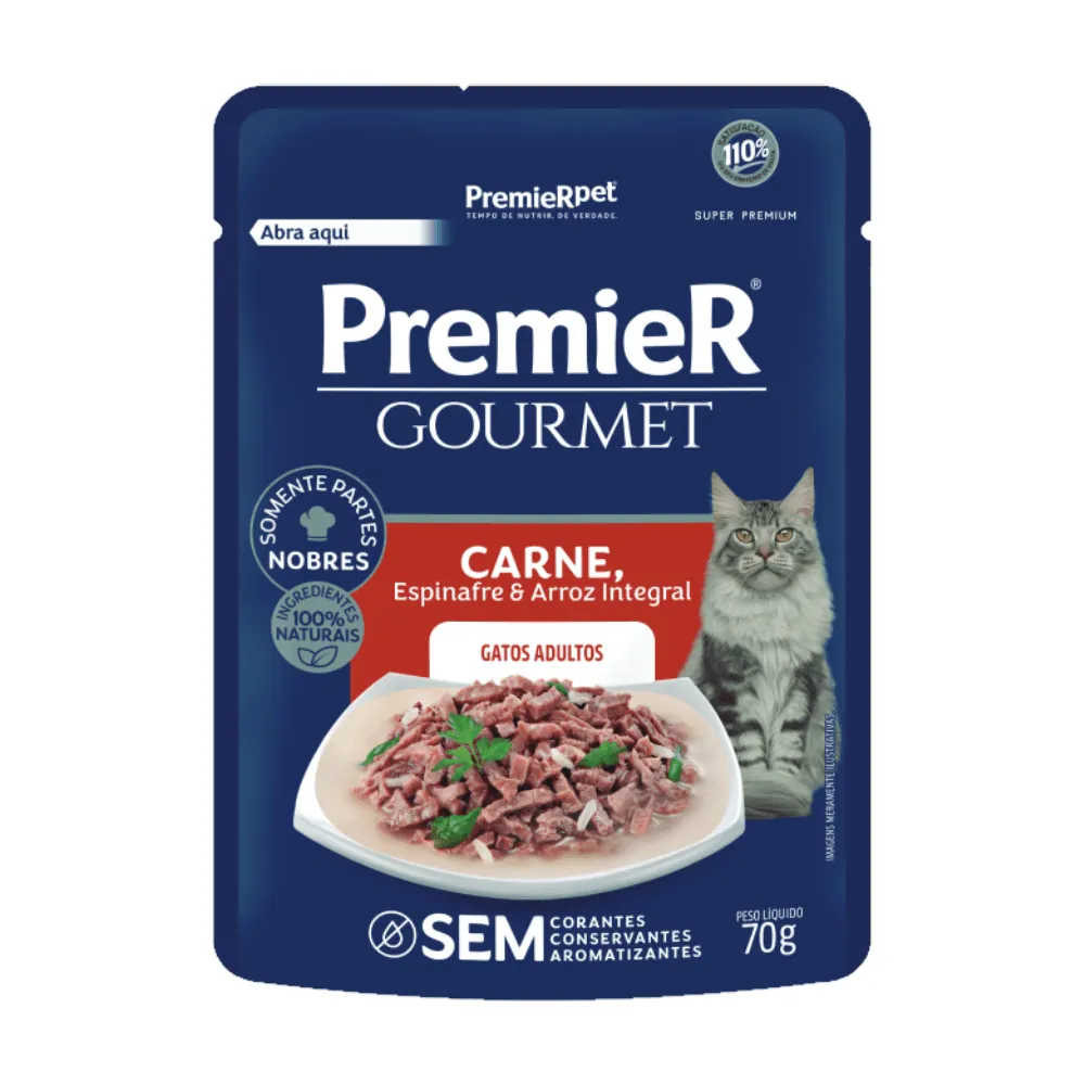 Ração Úmida Premier Gourmet Gatos Adultos Carne, Espinafre e Arroz Integral