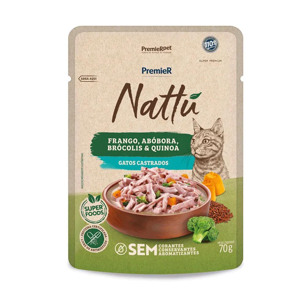 Ração Úmida Premier Nattu Gatos Castrados Frango e Abóbora