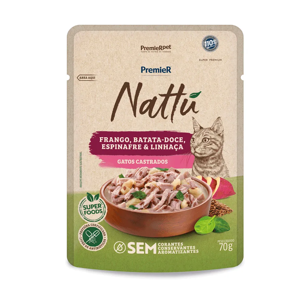 Ração Úmida Premier Nattu Gatos Castrados Frango e Batata-Doce