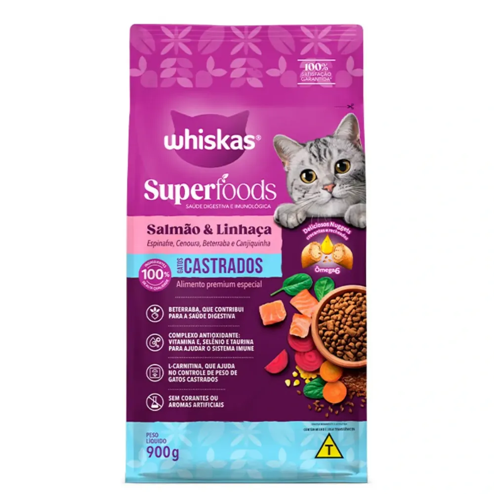 Ração Whiskas Superfoods Salmão e Linhaça Gatos Adultos Castrados — foto 2